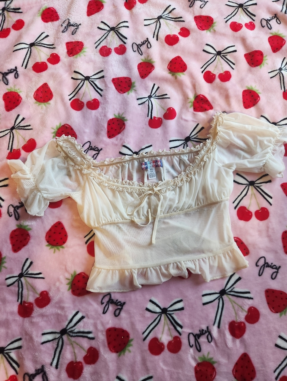 Urban Outfitters Cream Ruffle Tie-Front Crop Top Coquette Dollette Femme